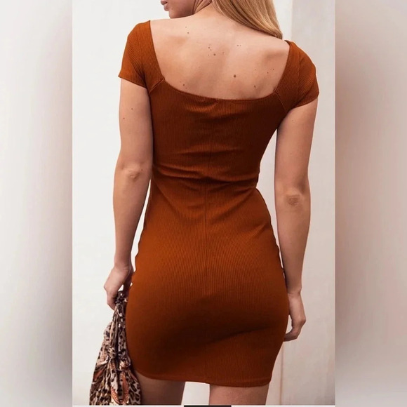 Lulus Above Basic Rust Orange Ribbed Short Sleeve Bodycon Mini Dress SZ S - Picture 2 of 6